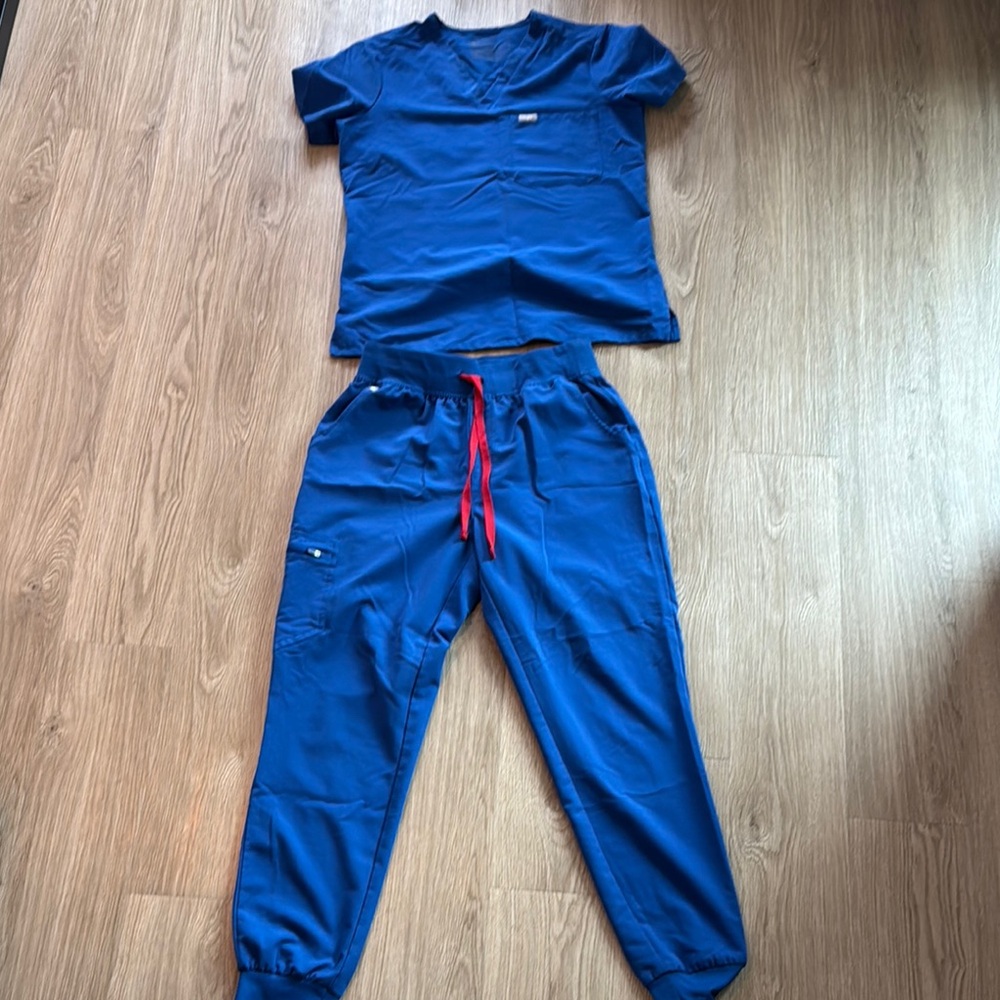 Blue Scrub Set with Red Accents